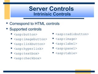 Server Controls
                Intrinisic Controls

 Correspond to HTML controls
 Supported controls
     <asp:button>           <asp:radiobutton>
     <asp:imagebutton>      <asp:image>
     <asp:linkbutton>       <asp:label>
     <asp:hyperlink>        <asp:panel>
     <asp:textbox>          <asp:table>
     <asp:checkbox>



                                          Slide 59 of 72
 