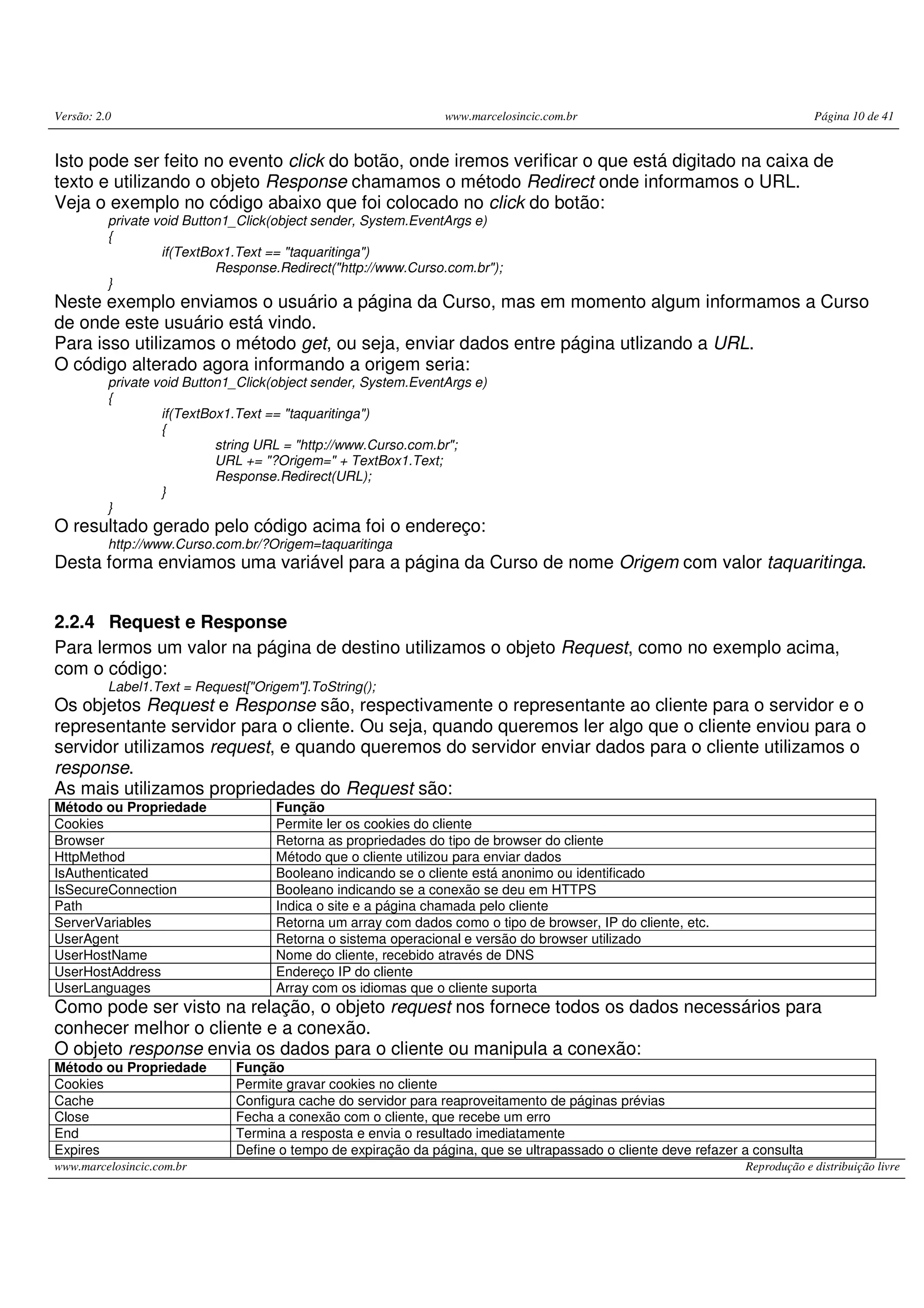 Versão: 2.0 www.marcelosincic.com.br Página 10 de 41 www.marcelosincic.com.br Reprodução e distribuição livre Isto pode ser feito no evento click do botão, onde iremos verificar o que está digitado na caixa de texto e utilizando o objeto Response chamamos o método Redirect onde informamos o URL. Veja o exemplo no código abaixo que foi colocado no click do botão: private void Button1_Click(object sender, System.EventArgs e) { if(TextBox1.Text == "taquaritinga") Response.Redirect("http://www.Curso.com.br"); } Neste exemplo enviamos o usuário a página da Curso, mas em momento algum informamos a Curso de onde este usuário está vindo. Para isso utilizamos o método get, ou seja, enviar dados entre página utlizando a URL. O código alterado agora informando a origem seria: private void Button1_Click(object sender, System.EventArgs e) { if(TextBox1.Text == "taquaritinga") { string URL = "http://www.Curso.com.br"; URL += "?Origem=" + TextBox1.Text; Response.Redirect(URL); } } O resultado gerado pelo código acima foi o endereço: http://www.Curso.com.br/?Origem=taquaritinga Desta forma enviamos uma variável para a página da Curso de nome Origem com valor taquaritinga. 2.2.4 Request e Response Para lermos um valor na página de destino utilizamos o objeto Request, como no exemplo acima, com o código: Label1.Text = Request["Origem"].ToString(); Os objetos Request e Response são, respectivamente o representante ao cliente para o servidor e o representante servidor para o cliente. Ou seja, quando queremos ler algo que o cliente enviou para o servidor utilizamos request, e quando queremos do servidor enviar dados para o cliente utilizamos o response. As mais utilizamos propriedades do Request são: Método ou Propriedade Função Cookies Permite ler os cookies do cliente Browser Retorna as propriedades do tipo de browser do cliente HttpMethod Método que o cliente utilizou para enviar dados IsAuthenticated Booleano indicando se o cliente está anonimo ou identificado IsSecureConnection Booleano indicando se a conexão se deu em HTTPS Path Indica o site e a página chamada pelo cliente ServerVariables Retorna um array com dados como o tipo de browser, IP do cliente, etc. UserAgent Retorna o sistema operacional e versão do browser utilizado UserHostName Nome do cliente, recebido através de DNS UserHostAddress Endereço IP do cliente UserLanguages Array com os idiomas que o cliente suporta Como pode ser visto na relação, o objeto request nos fornece todos os dados necessários para conhecer melhor o cliente e a conexão. O objeto response envia os dados para o cliente ou manipula a conexão: Método ou Propriedade Função Cookies Permite gravar cookies no cliente Cache Configura cache do servidor para reaproveitamento de páginas prévias Close Fecha a conexão com o cliente, que recebe um erro End Termina a resposta e envia o resultado imediatamente Expires Define o tempo de expiração da página, que se ultrapassado o cliente deve refazer a consulta 