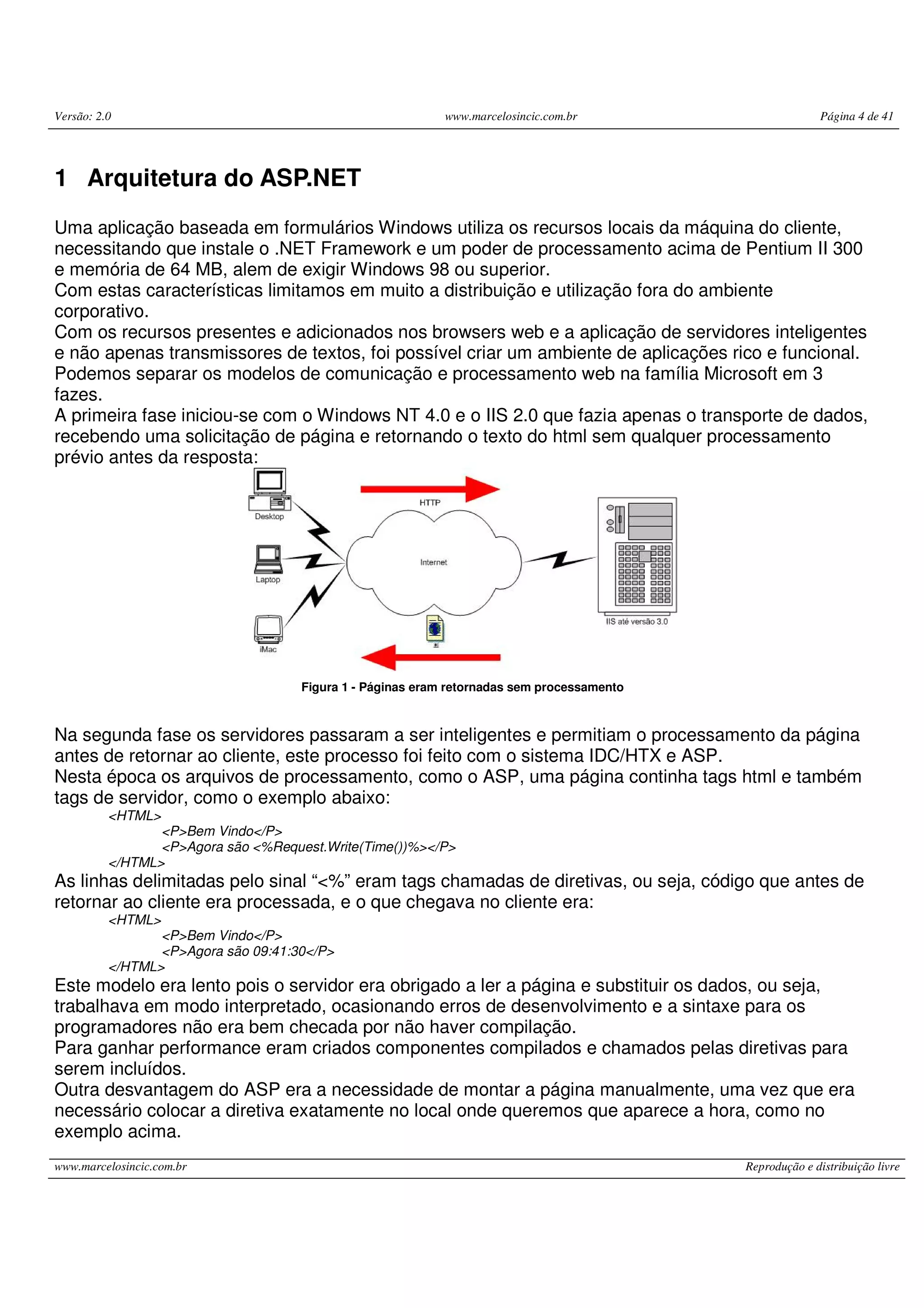 Versão: 2.0 www.marcelosincic.com.br Página 4 de 41 www.marcelosincic.com.br Reprodução e distribuição livre 1 Arquitetura do ASP.NET Uma aplicação baseada em formulários Windows utiliza os recursos locais da máquina do cliente, necessitando que instale o .NET Framework e um poder de processamento acima de Pentium II 300 e memória de 64 MB, alem de exigir Windows 98 ou superior. Com estas características limitamos em muito a distribuição e utilização fora do ambiente corporativo. Com os recursos presentes e adicionados nos browsers web e a aplicação de servidores inteligentes e não apenas transmissores de textos, foi possível criar um ambiente de aplicações rico e funcional. Podemos separar os modelos de comunicação e processamento web na família Microsoft em 3 fazes. A primeira fase iniciou-se com o Windows NT 4.0 e o IIS 2.0 que fazia apenas o transporte de dados, recebendo uma solicitação de página e retornando o texto do html sem qualquer processamento prévio antes da resposta: Figura 1 - Páginas eram retornadas sem processamento Na segunda fase os servidores passaram a ser inteligentes e permitiam o processamento da página antes de retornar ao cliente, este processo foi feito com o sistema IDC/HTX e ASP. Nesta época os arquivos de processamento, como o ASP, uma página continha tags html e também tags de servidor, como o exemplo abaixo: <HTML> <P>Bem Vindo</P> <P>Agora são <%Request.Write(Time())%></P> </HTML> As linhas delimitadas pelo sinal “<%” eram tags chamadas de diretivas, ou seja, código que antes de retornar ao cliente era processada, e o que chegava no cliente era: <HTML> <P>Bem Vindo</P> <P>Agora são 09:41:30</P> </HTML> Este modelo era lento pois o servidor era obrigado a ler a página e substituir os dados, ou seja, trabalhava em modo interpretado, ocasionando erros de desenvolvimento e a sintaxe para os programadores não era bem checada por não haver compilação. Para ganhar performance eram criados componentes compilados e chamados pelas diretivas para serem incluídos. Outra desvantagem do ASP era a necessidade de montar a página manualmente, uma vez que era necessário colocar a diretiva exatamente no local onde queremos que aparece a hora, como no exemplo acima. 