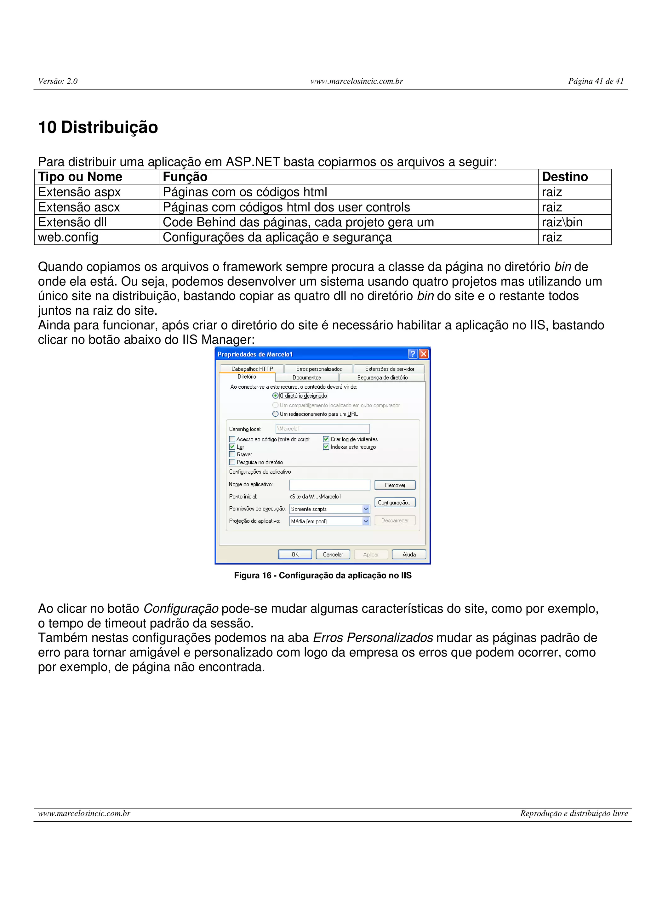 Versão: 2.0 www.marcelosincic.com.br Página 41 de 41 www.marcelosincic.com.br Reprodução e distribuição livre 10 Distribuição Para distribuir uma aplicação em ASP.NET basta copiarmos os arquivos a seguir: Tipo ou Nome Função Destino Extensão aspx Páginas com os códigos html raiz Extensão ascx Páginas com códigos html dos user controls raiz Extensão dll Code Behind das páginas, cada projeto gera um raizbin web.config Configurações da aplicação e segurança raiz Quando copiamos os arquivos o framework sempre procura a classe da página no diretório bin de onde ela está. Ou seja, podemos desenvolver um sistema usando quatro projetos mas utilizando um único site na distribuição, bastando copiar as quatro dll no diretório bin do site e o restante todos juntos na raiz do site. Ainda para funcionar, após criar o diretório do site é necessário habilitar a aplicação no IIS, bastando clicar no botão abaixo do IIS Manager: Figura 16 - Configuração da aplicação no IIS Ao clicar no botão Configuração pode-se mudar algumas características do site, como por exemplo, o tempo de timeout padrão da sessão. Também nestas configurações podemos na aba Erros Personalizados mudar as páginas padrão de erro para tornar amigável e personalizado com logo da empresa os erros que podem ocorrer, como por exemplo, de página não encontrada. 