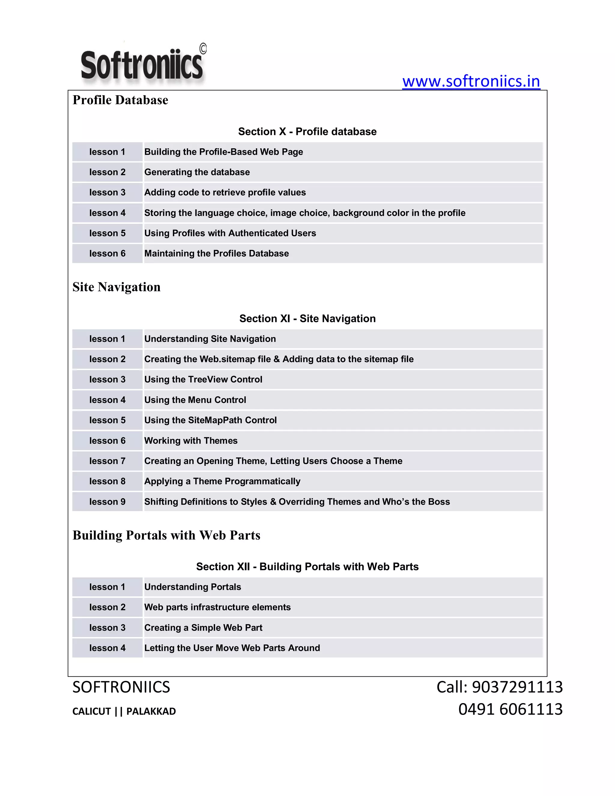 www.softroniics.in
SOFTRONIICS Call: 9037291113
CALICUT || PALAKKAD 0491 6061113
Profile Database
Section X - Profile database
lesson 1 Building the Profile-Based Web Page
lesson 2 Generating the database
lesson 3 Adding code to retrieve profile values
lesson 4 Storing the language choice, image choice, background color in the profile
lesson 5 Using Profiles with Authenticated Users
lesson 6 Maintaining the Profiles Database
Site Navigation
Section XI - Site Navigation
lesson 1 Understanding Site Navigation
lesson 2 Creating the Web.sitemap file & Adding data to the sitemap file
lesson 3 Using the TreeView Control
lesson 4 Using the Menu Control
lesson 5 Using the SiteMapPath Control
lesson 6 Working with Themes
lesson 7 Creating an Opening Theme, Letting Users Choose a Theme
lesson 8 Applying a Theme Programmatically
lesson 9 Shifting Definitions to Styles & Overriding Themes and Who’s the Boss
Building Portals with Web Parts
Section XII - Building Portals with Web Parts
lesson 1 Understanding Portals
lesson 2 Web parts infrastructure elements
lesson 3 Creating a Simple Web Part
lesson 4 Letting the User Move Web Parts Around
 