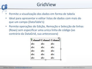 Hélder Oliveira helderjmo@gmail.com ASP .NET – Conceitos Básicos
• Permite a visualização dos dados em forma de tabela
• Ideal para apresentar e editar listas de dados com mais do
que um campo (DataTable’s)
• Permite operações de Edição, Remoção e Selecção de linhas
(Rows) sem especificar uma unica linha de código (ao
contrário da DataGrid, sua antecessora)
 