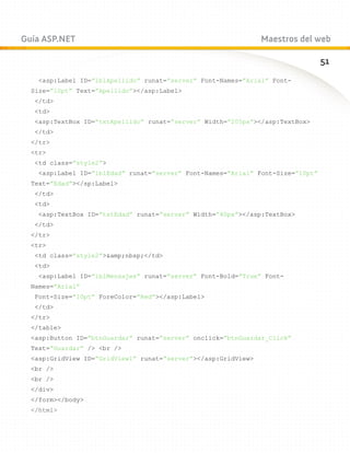 Guía ASP.NET                                                    Maestros del web

                                                                                 51
    asp:Label ID=”lblApellido” runat=”server” Font-Names=”Arial” Font-
  Size=”10pt” Text=”Apellido”/asp:Label
   /td
   td
   asp:TextBox ID=”txtApellido” runat=”server” Width=”205px”/asp:TextBox
   /td
  /tr
  tr
   td class=”style2”
    asp:Label ID=”lblEdad” runat=”server” Font-Names=”Arial” Font-Size=”10pt”
  Text=”Edad”/sp:Label
   /td
   td
    asp:TextBox ID=”txtEdad” runat=”server” Width=”40px”/asp:TextBox
   /td
  /tr
  tr
   td class=”style2”amp;nbsp;/td
   td
    asp:Label ID=”lblMensajes” runat=”server” Font-Bold=”True” Font-
  Names=”Arial”
   Font-Size=”10pt” ForeColor=”Red”/asp:Label
   /td
  /tr
  /table
  asp:Button ID=”btnGuardar” runat=”server” onclick=”btnGuardar_Click”
  Text=”Guardar” / br /
  asp:GridView ID=”GridView1” runat=”server”/asp:GridView
  br /
  br /
  /div
  /form/body
  /html
 