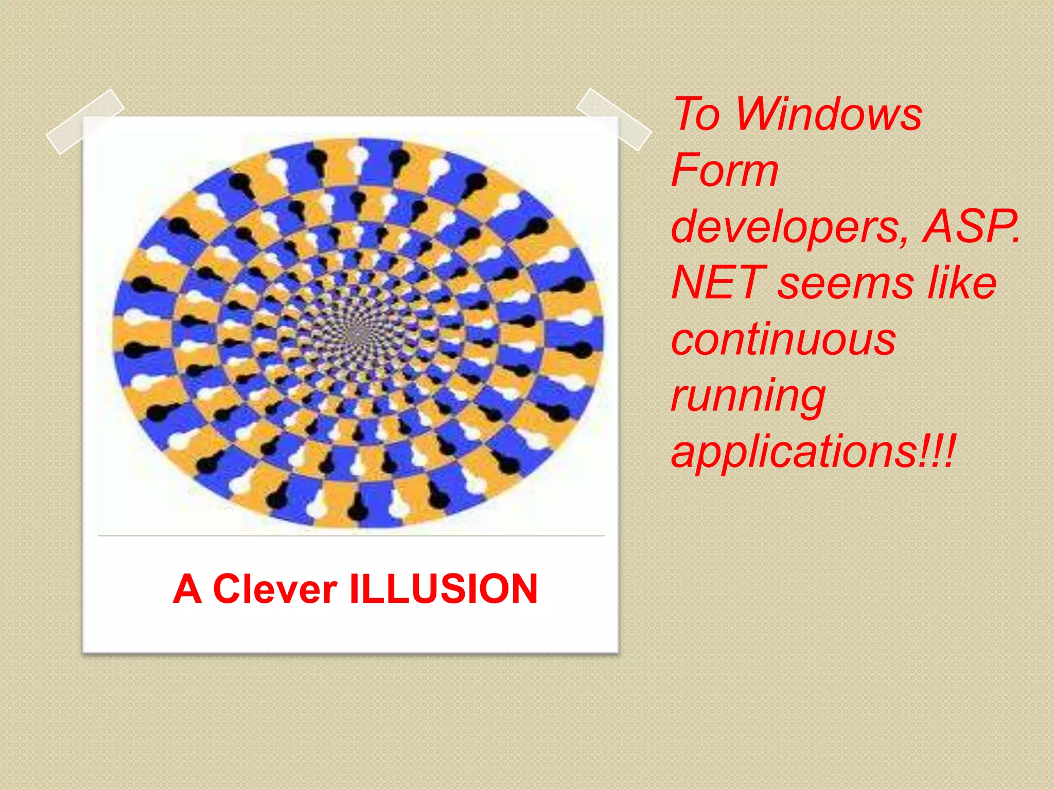 To Windows Form developers, ASP. NET seems like continuous running applications!!! A Clever ILLUSION 