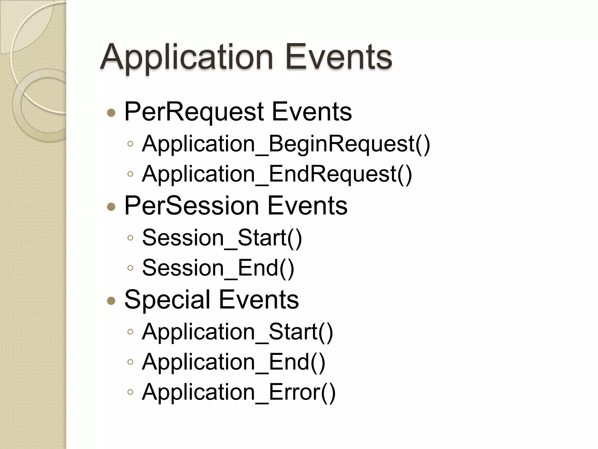 Application Events  PerRequest Events ◦ Application_BeginRequest() ◦ Application_EndRequest()  PerSession Events ◦ Session_Start() ◦ Session_End()  Special Events ◦ Application_Start() ◦ Application_End() ◦ Application_Error() 