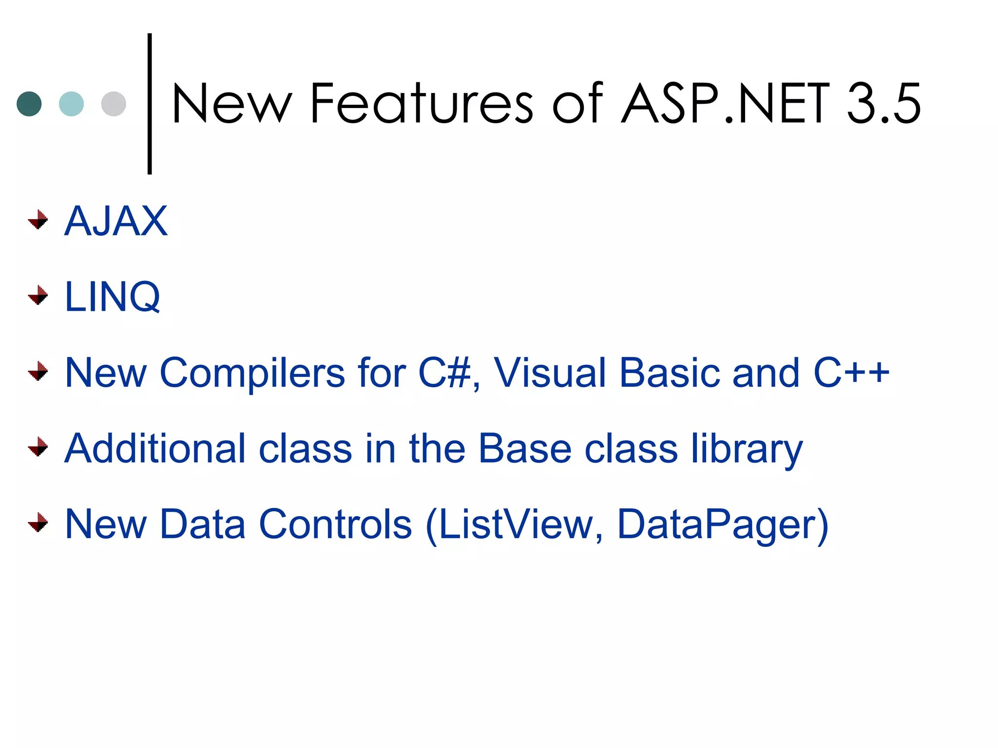 AJAX LINQ New Compilers for C#, Visual Basic and C++ Additional class in the Base class library New Data Controls (ListView, DataPager) New Features of ASP.NET 3.5 