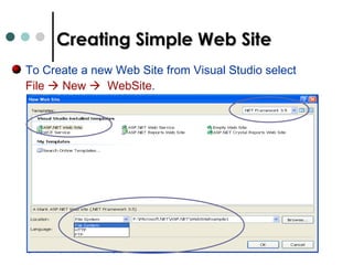 Creating Simple Web Site To Create a new Web Site from Visual Studio select  File    New     WebSite .  