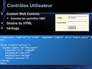 Contrôles Utilisateur Custom Web Controls Comme les contrôles VB6! Génère du HTML  héritage <%@ Register TagPrefix="Acme" TagName="Login" Src=“login.ascx" %>  <html>  ... <form runat="server">  <Acme:Login id="MyLogin"  UserId="Jill Ingham"  Password="Secret"  BackColor="beige"  runat="server"/>  </form> </html>   