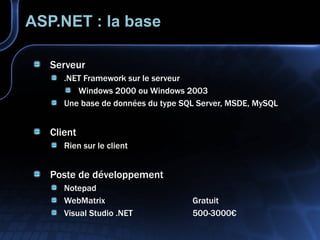 ASP.NET : la base Serveur .NET Framework sur le serveur Windows 2000 ou Windows 2003 Une base de données du type SQL Server, MSDE, MySQL Client Rien sur le client Poste de développement Notepad WebMatrix Gratuit Visual Studio .NET 500-3000€ 