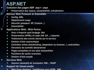 ASP.NET Evolution des pages ASP .asp-> .aspx Préservation des acquis, compatibilité, cohabitation Serveur Web Puissant et Extensible Config. XML Déploiement xcopy Sécurité (passport, NT, Custom…) Extensibilité Applications Web : Web Forms Avec n’importe quel langage .Net Présentation (HTML) et code (VB, C# …) séparés Traitements des events clients sur le serveur Gestion d’état automatique Contrôles riches (databinding, adaptation au browser…), extensibles Fonctions de contrôle déclaratives Pages compilées et non plus interprétées Fonctions de cache avancées Gestion d’état souple Services Web Aucune nécessité de manipuler XML / SOAP Support de Visual studio Web Form designer,  IntelliSense pour HTML, XML 