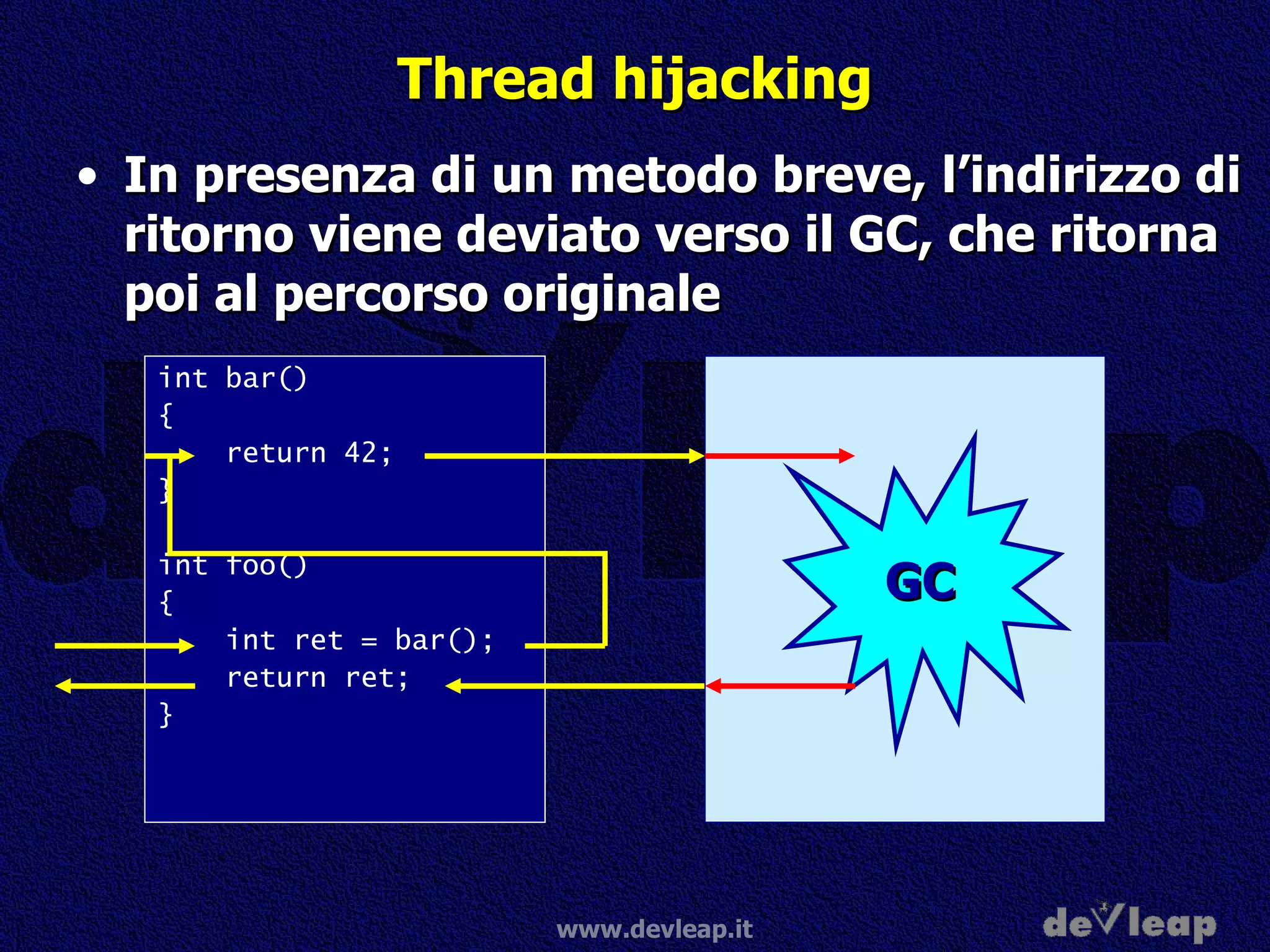 Thread hijacking In presenza di un metodo breve, l’indirizzo di ritorno viene deviato verso il GC, che ritorna poi al percorso originale int bar()  { return 42; } int foo()  { int ret = bar(); return ret; } GC 