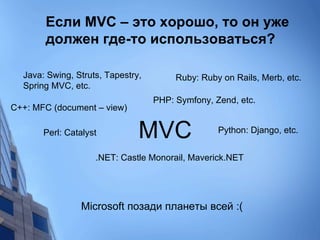 Если  MVC –  это   хорошо, то он уже должен где-то использоваться? Java: Swing, Struts, Tapestry, Spring MVC, etc. C++: MFC (document – view) PHP: Symfony, Zend, etc. Perl: Catalyst Ruby: Ruby on Rails, Merb, etc. Python: Django, etc. .NET: Castle Monorail,   Maverick.NET Microsoft  позади планеты всей :( MVC 