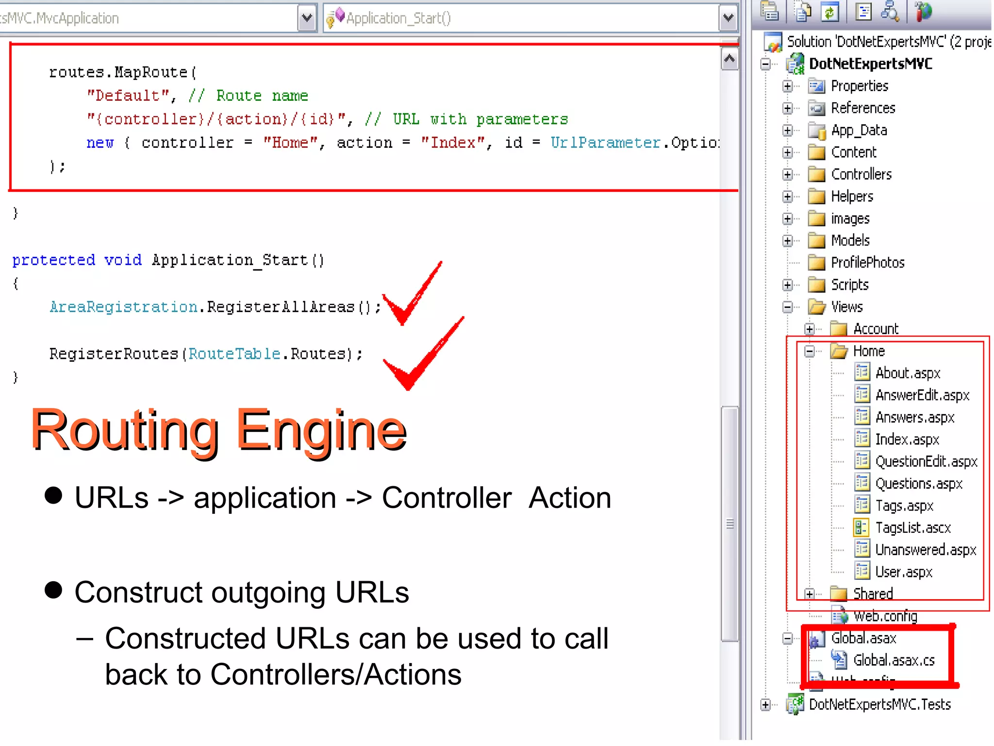 URLs -> application -> Controller  Action Construct outgoing URLs  Constructed URLs can be used to call back to Controllers/Actions Routing Engine 