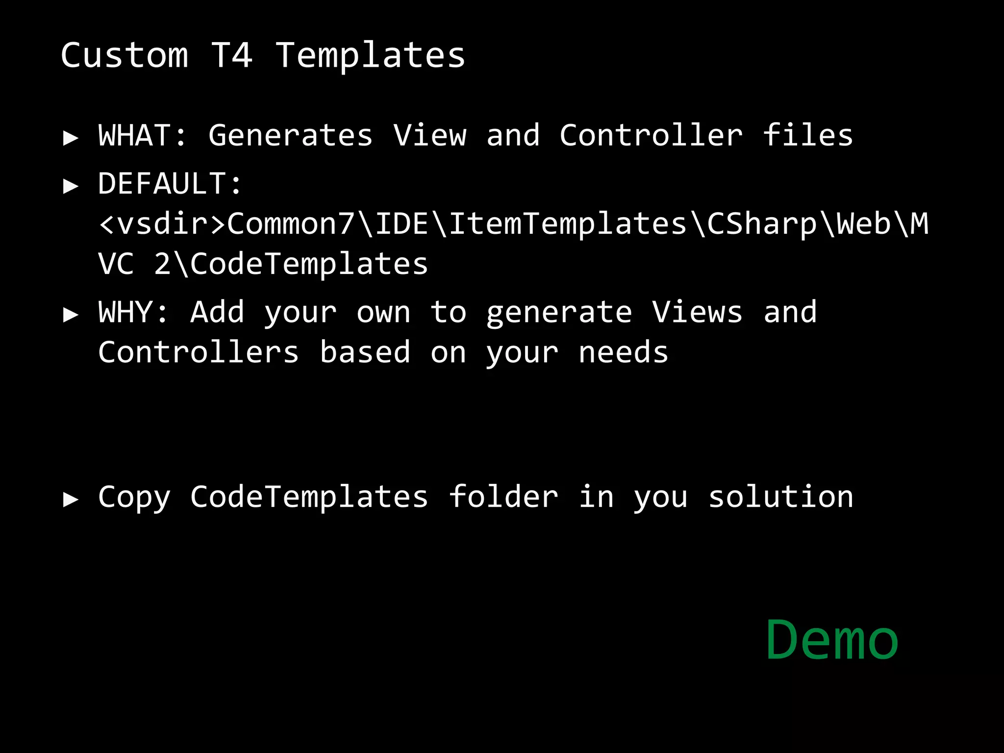 FileStreamResult	=> a downloadable file [with a file stream]. Note: all public methods of a controller class consideredas action methods, if you don’t want a public method to be an action, mark it with [NonAction()] attribute