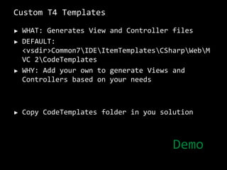 FileStreamResult	=> a downloadable file [with a file stream]. Note: all public methods of a controller class consideredas action methods, if you don’t want a public method to be an action, mark it with [NonAction()] attribute