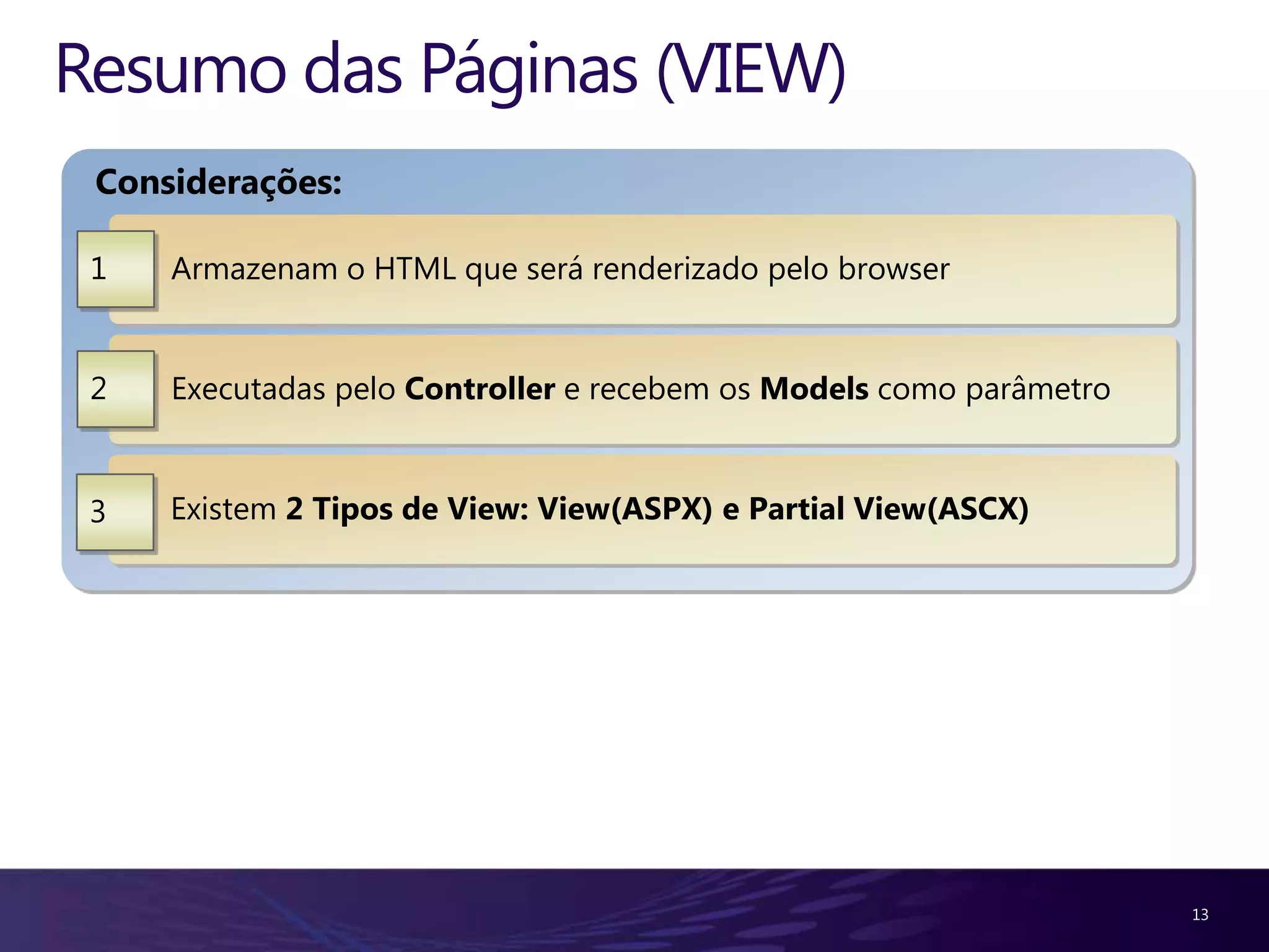 Resumo das Páginas (VIEW)
 Considerações:

 1   Armazenam o HTML que será renderizado pelo browser


 2   Executadas pelo Controller e recebem os Models como parâmetro


 3   Existem 2 Tipos de View: View(ASPX) e Partial View(ASCX)




                                                                     13
 