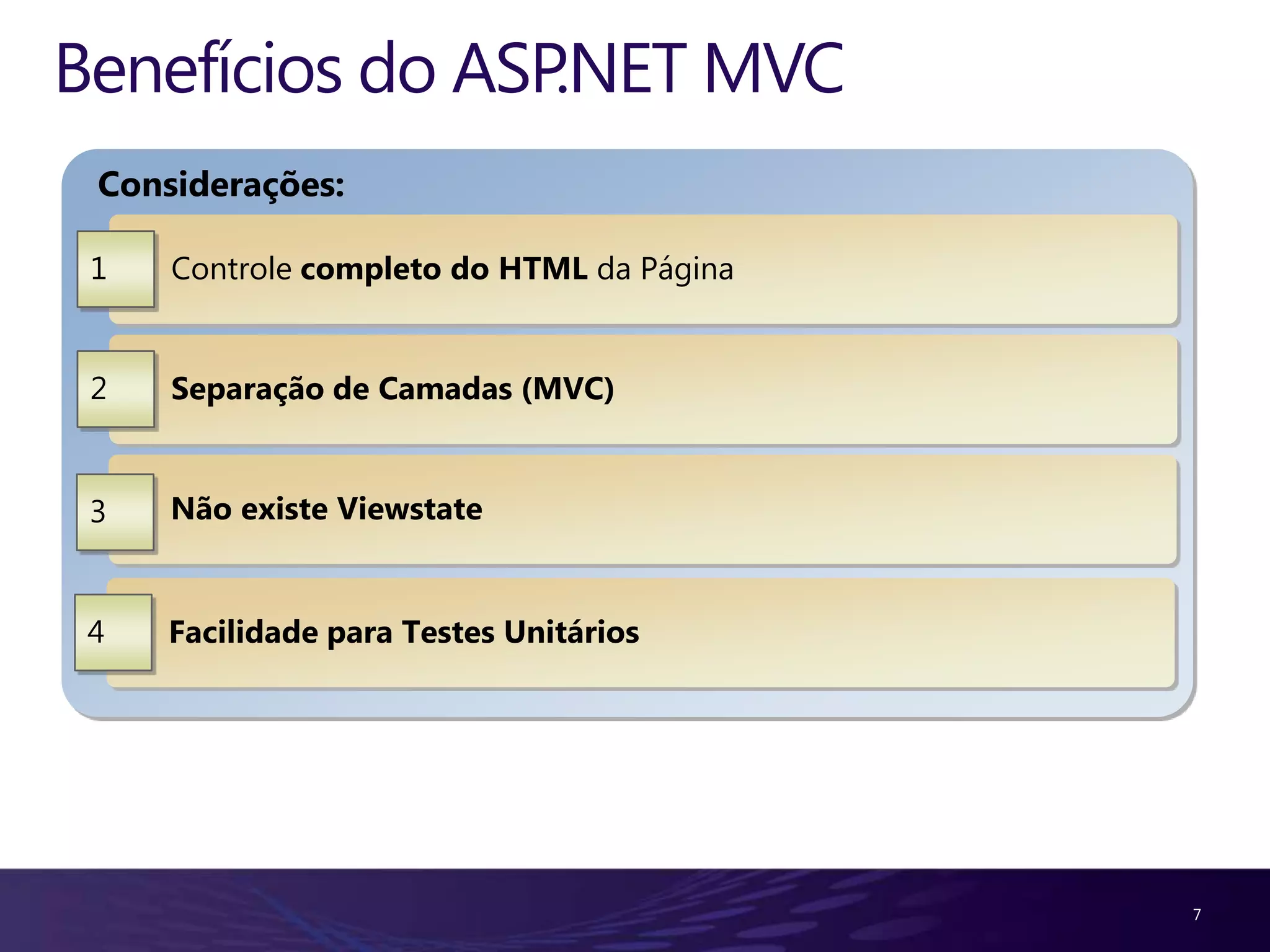 Benefícios do ASP.NET MVC
 Considerações:

 1   Controle completo do HTML da Página


 2   Separação de Camadas (MVC)


 3   Não existe Viewstate


 4   Facilidade para Testes Unitários




                                           7
 