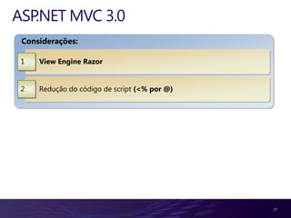 ASP.NET MVC 3.0
 Considerações:

 1   View Engine Razor


 2   Redução do código de script (<% por @)




                                              17
 