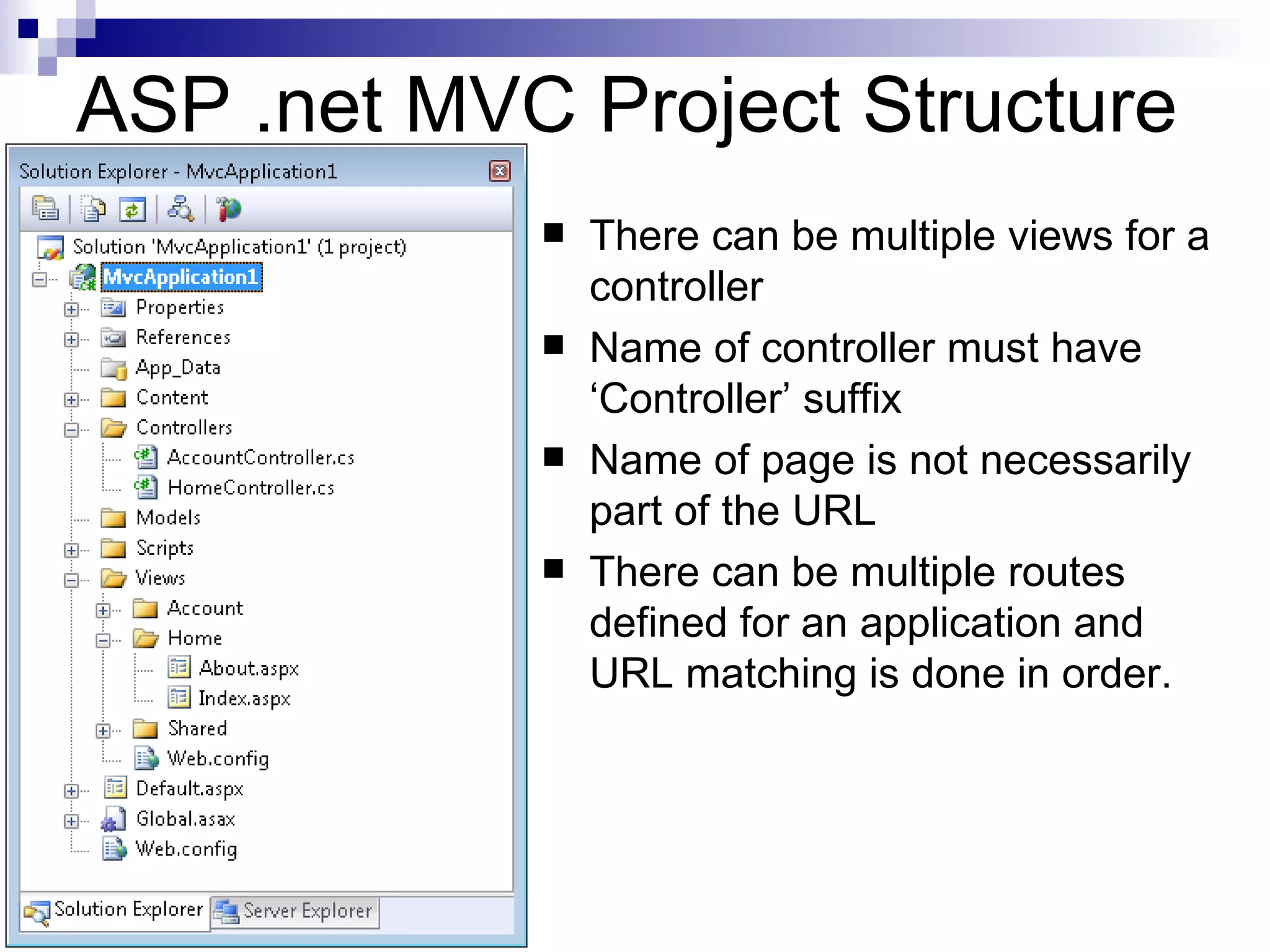 ASP .net MVC Project Structure  There can be multiple views for a controller  Name of controller must have ‘Controller’ suffix  Name of page is not necessarily part of the URL  There can be multiple routes defined for an application and URL matching is done in order. 