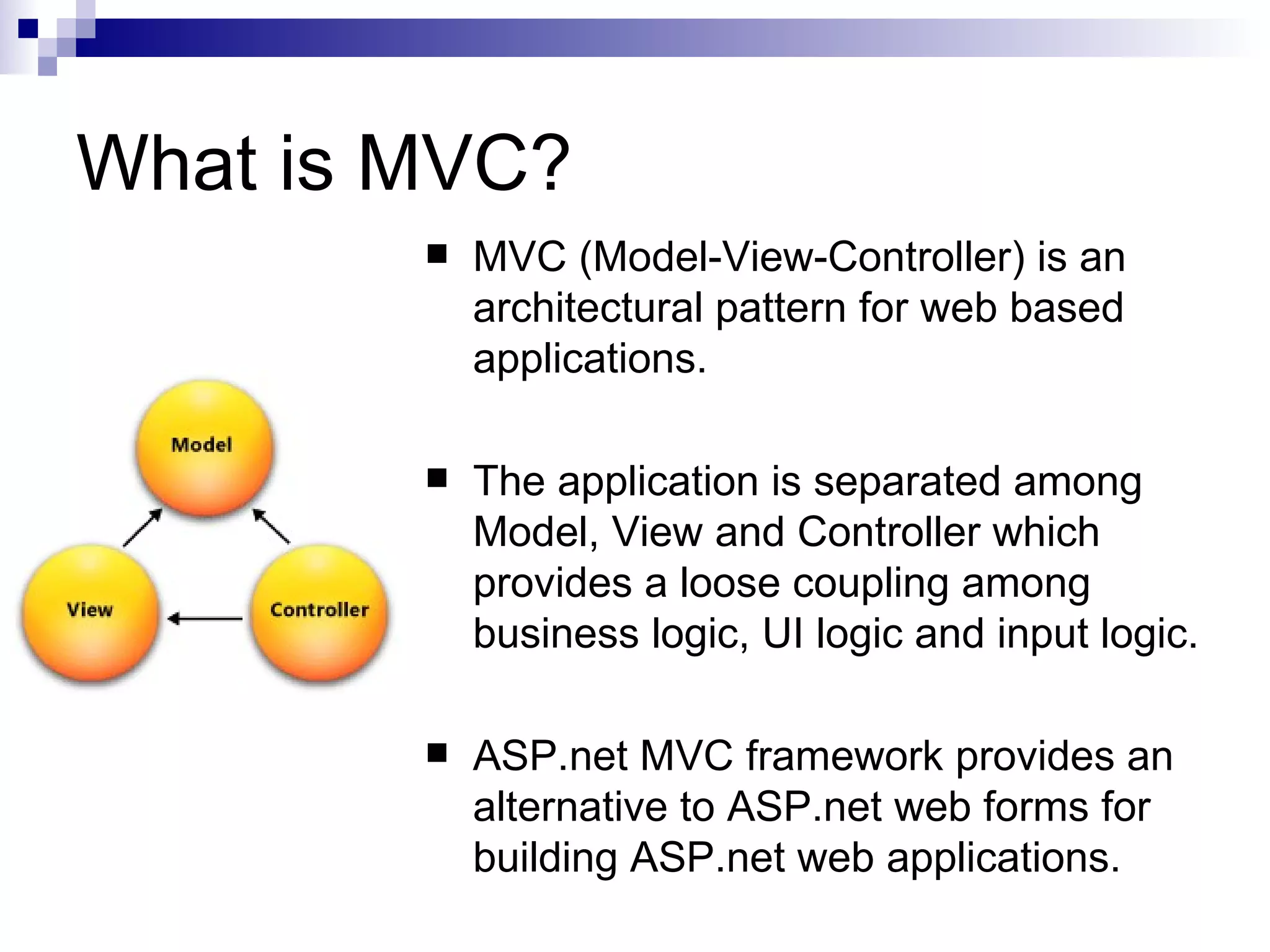 What is MVC?  MVC (Model-View-Controller) is an architectural pattern for web based applications.  The application is separated among Model, View and Controller which provides a loose coupling among business logic, UI logic and input logic.  ASP.net MVC framework provides an alternative to ASP.net web forms for building ASP.net web applications. 