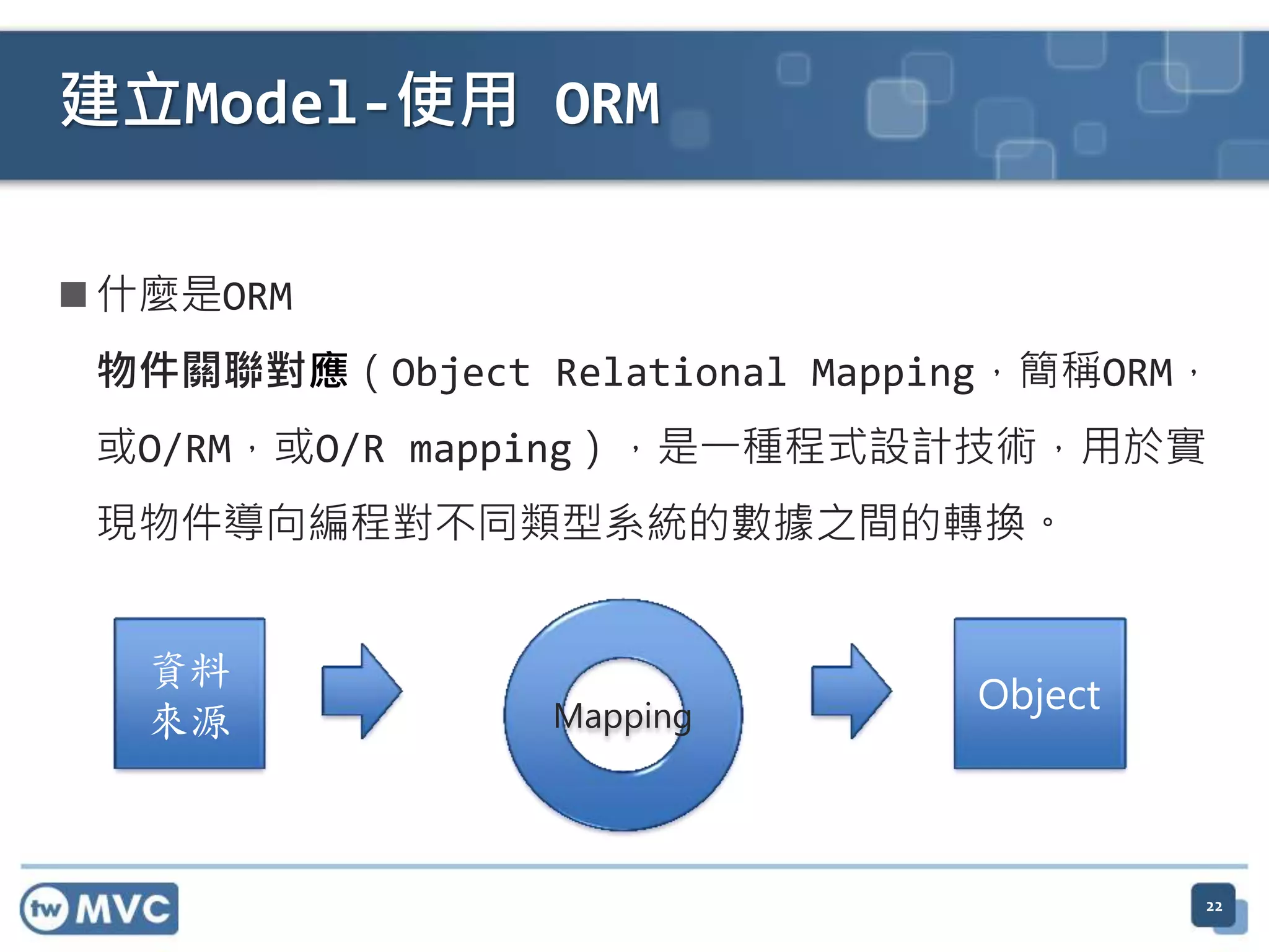 建立Model-使用 ORM  什麼是ORM 物件關聯對應（Object Relational Mapping，簡稱ORM， 或O/RM，或O/R mapping），是一種程式設計技術，用於實 現物件導向編程對不同類型系統的數據之間的轉換。 Mapping 22 