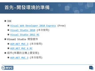 首先-開發環境的準備

 IDE
   Visual Web Developer 2010 Express (Free)
   Visual Studio 2010 (本次使用)
   Visual Studio 2012 RC
 Visual Studio 開發套件
   ASP.NET MVC 3 (本次使用)
   ASP.NET MVC 4 RC
 組件(佈署的主機上要安裝)
   ASP.NET MVC 3 (本次使用)


                                               9
 