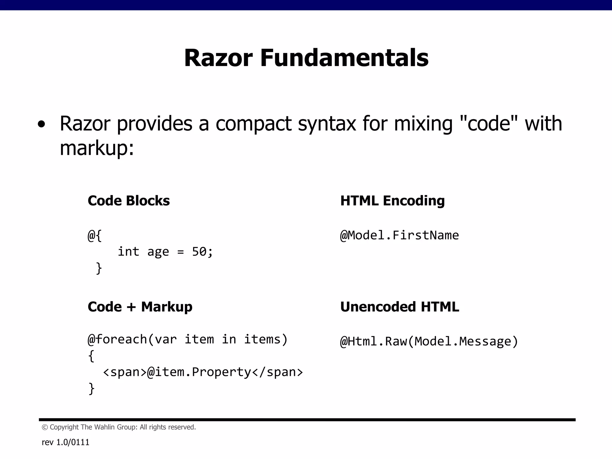 ASP.NET MVC 3 Project StructureINTRODUCTION-13ControllersRazor Pages (Views)Model Classes"Master Page"rev 1.0/0111