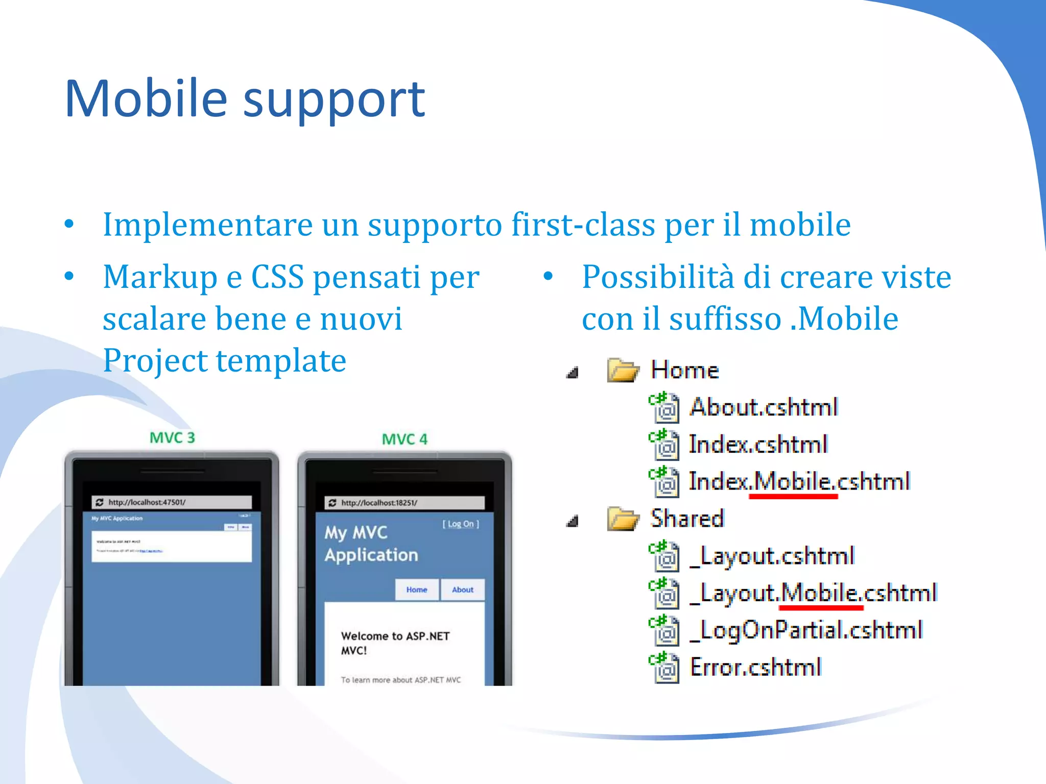 Mobile supportImplementare un supporto first-class per il mobileMarkup e CSS pensati per scalare bene e nuovi Project templatePossibilità di creare viste con il suffisso .Mobile