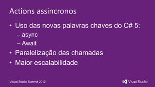 Actions assíncronos
• Uso das novas palavras chaves do C# 5:
– async
– Await
• Paralelização das chamadas
• Maior escalabilidade
Visual Studio Summit 2012