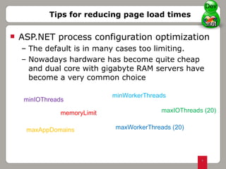 ASP.NET process configuration optimization The default is in many cases too limiting. Nowadays hardware has become quite cheap and dual core with gigabyte RAM servers have become a very common choice Tips for reducing page load times memoryLimit minWorkerThreads maxWorkerThreads (20) maxIOThreads (20) minIOThreads maxAppDomains Dev 