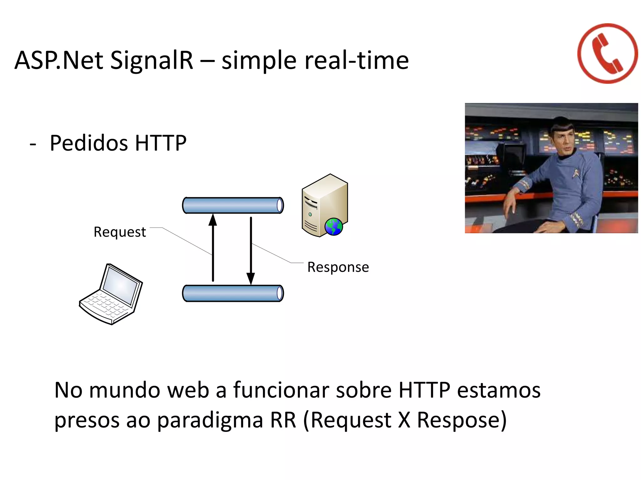 ASP.Net SignalR – simple real-time
- Pedidos HTTP
No mundo web a funcionar sobre HTTP estamos
presos ao paradigma RR (Request X Respose)
Response
Request
 