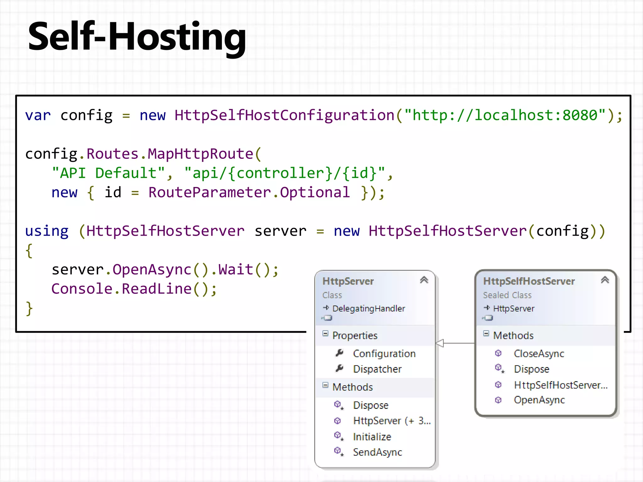 var config = new HttpSelfHostConfiguration("http://localhost:8080");
config.Routes.MapHttpRoute(
"API Default", "api/{controller}/{id}",
new { id = RouteParameter.Optional });
using (HttpSelfHostServer server = new HttpSelfHostServer(config))
{
server.OpenAsync().Wait();
Console.ReadLine();
}