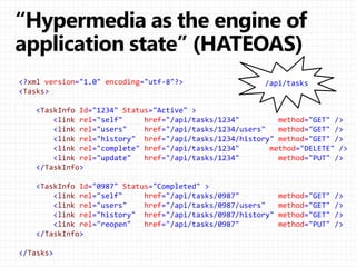 <?xml version="1.0" encoding="utf-8"?>
<Tasks>
<TaskInfo Id="1234" Status="Active" >
<link rel="self" href="/api/tasks/1234" method="GET" />
<link rel="users" href="/api/tasks/1234/users" method="GET" />
<link rel="history" href="/api/tasks/1234/history" method="GET" />
<link rel="complete" href="/api/tasks/1234" method="DELETE" />
<link rel="update" href="/api/tasks/1234" method="PUT" />
</TaskInfo>
<TaskInfo Id="0987" Status="Completed" >
<link rel="self" href="/api/tasks/0987" method="GET" />
<link rel="users" href="/api/tasks/0987/users" method="GET" />
<link rel="history" href="/api/tasks/0987/history" method="GET" />
<link rel="reopen" href="/api/tasks/0987" method="PUT" />
</TaskInfo>
</Tasks>
/api/tasks
 