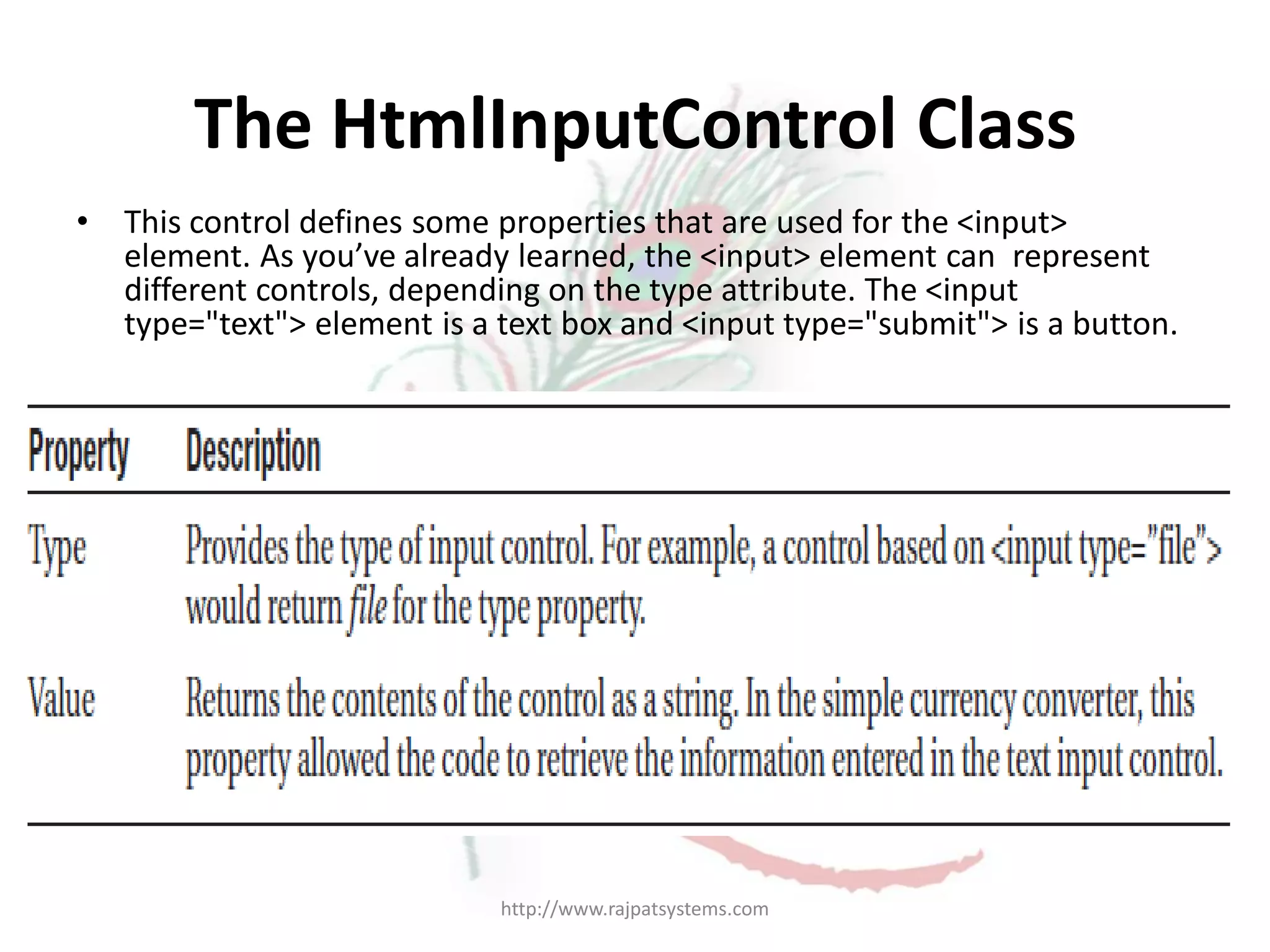 The HtmlInputControl Class • This control defines some properties that are used for the <input> element. As you’ve already learned, the <input> element can represent different controls, depending on the type attribute. The <input type="text"> element is a text box and <input type="submit"> is a button. http://www.rajpatsystems.com 