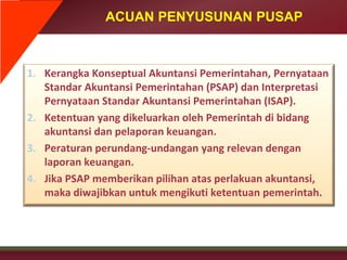 ACUAN PENYUSUNAN PUSAP
1. Kerangka Konseptual Akuntansi Pemerintahan, Pernyataan
Standar Akuntansi Pemerintahan (PSAP) dan Interpretasi
Pernyataan Standar Akuntansi Pemerintahan (ISAP).
2. Ketentuan yang dikeluarkan oleh Pemerintah di bidang
akuntansi dan pelaporan keuangan.
3. Peraturan perundang-undangan yang relevan dengan
laporan keuangan.
4. Jika PSAP memberikan pilihan atas perlakuan akuntansi,
maka diwajibkan untuk mengikuti ketentuan pemerintah.
 