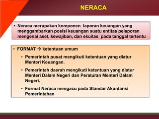 NERACA
 Neraca merupakan komponen laporan keuangan yang
menggambarkan posisi keuangan suatu entitas pelaporan
mengenai aset, kewajiban, dan ekuitas pada tanggal tertentu
• FORMAT  ketentuan umum
• Pemerintah pusat mengikuti ketentuan yang diatur
Menteri Keuangan.
• Pemerintah daerah mengikuti ketentuan yang diatur
Menteri Dalam Negeri dan Peraturan Menteri Dalam
Negeri.
• Format Neraca mengacu pada Standar Akuntansi
Pemerintahan
 