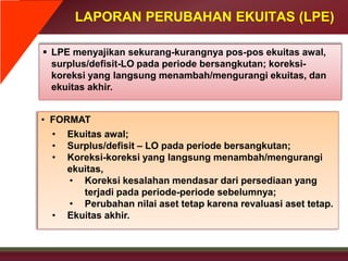 LAPORAN PERUBAHAN EKUITAS (LPE)
 LPE menyajikan sekurang-kurangnya pos-pos ekuitas awal,
surplus/defisit-LO pada periode bersangkutan; koreksi-
koreksi yang langsung menambah/mengurangi ekuitas, dan
ekuitas akhir.
• FORMAT
• Ekuitas awal;
• Surplus/defisit – LO pada periode bersangkutan;
• Koreksi-koreksi yang langsung menambah/mengurangi
ekuitas,
• Koreksi kesalahan mendasar dari persediaan yang
terjadi pada periode-periode sebelumnya;
• Perubahan nilai aset tetap karena revaluasi aset tetap.
• Ekuitas akhir.
 
