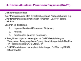 4. Sistem Akuntansi Penerusan Pinjaman (SA-PP)
Unit pemrosesan data:
SA-PP dilaksanakan oleh Direktorat Jenderal Perbendaharaan c.q.
Direktorat Pengelolaan Penerusan Pinjaman (Dit.PPP) selaku
UAPBUN.
Laporan yg dihasilkan:
1. Laporan Realisasi Penerusan Pinjaman;
2. Neraca;
3. Catatan atas Laporan Keuangan.
• Pengiriman Laporan Keuangan ke DAPK disertai dengan
”Pernyataan Tanggung Jawab” yang ditandatangani oleh Direktur
PPP selaku kepala UAPBUN Dit.PPP
• Dit.PPP melakukan rekonsiliasi data dengan DJPBN c.q DPKN
setiap triwulan
 
