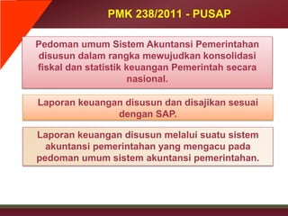 PMK 238/2011 - PUSAP
Pedoman umum Sistem Akuntansi Pemerintahan
disusun dalam rangka mewujudkan konsolidasi
fiskal dan statistik keuangan Pemerintah secara
nasional.
Laporan keuangan disusun dan disajikan sesuai
dengan SAP.
Laporan keuangan disusun melalui suatu sistem
akuntansi pemerintahan yang mengacu pada
pedoman umum sistem akuntansi pemerintahan.
 