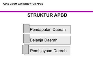 AZAS UMUM DAN STRUKTUR APBD
STRUKTUR APBD
Pendapatan Daerah
Belanja Daerah
Pembiayaan Daerah
 