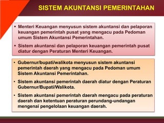 SISTEM AKUNTANSI PEMERINTAHAN
 Menteri Keuangan menyusun sistem akuntansi dan pelaporan
keuangan pemerintah pusat yang mengacu pada Pedoman
umum Sistem Akuntansi Pemerintahan.
 Sistem akuntansi dan pelaporan keuangan pemerintah pusat
diatur dengan Peraturan Menteri Keuangan.
• Gubernur/bupati/walikota menyusun sistem akuntansi
pemerintah daerah yang mengacu pada Pedoman umum
Sistem Akuntansi Pemerintahan.
• Sistem akuntansi pemerintah daerah diatur dengan Peraturan
Gubernur/Bupati/Walikota.
• Sistem akuntansi pemerintah daerah mengacu pada peraturan
daerah dan ketentuan peraturan perundang-undangan
mengenai pengelolaan keuangan daerah.
 