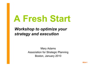 A Fresh Start
Workshop to optimize your
strategy and execution


                Mary Adams
      Association for Strategic Planning
           Boston, January 2010

                                           ICA-1
 