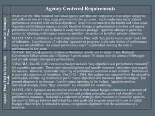 Agency Centered Requirements
State-wideStrategic
Plan
WASHINGTON: Nine-hundred Individual agency activities are mapped to eleven target categories
and collapsed into six value areas prioritized by the governor. Each results area has a defined
performance structure with explicit objectives. Activities are ranked in the results and value areas.
Agencies justify budget requests ex-ante based on linkage to gubernatorial priorities and agency
performance indicators are included in every decision package. Agencies attempt to game the
system by adapting performance measures and their interpretation to reflect priority initiatives.
MARYLAND: Establishes as State Comprehensive Plan, with “key performance areas” and a list
of indicators. Contributions of individual agencies or programs to the satisfaction of performance
areas are not identified. An annual performance report is published charting the state’s
performance in key areas.
AgencyPlansTiedtoState-wide
Goals
TEXAS: Individual agencies produce performance reports and strategic plans. Biannual
Government Effectiveness and Efficiency Reports assess 76 issues over the course of 600 pages
and provide insight into agency performance.
VIRGINIA: The 2010-2012 executive budget includes “key objectives and performance measures”
for executive agencies. These state intended actions and specify measures (and sometimes targets)
for success. However, systematic reporting of performance outcomes is not included. Submission
is more of a statement of intentions. For 2012 – 2014, this section was removed from the executive
submission, eliminating reference to performance objectives and measures from the budget. The
present situation is an absence of performance reporting in the budget. Agencies produce
individual strategic plans. “Key measures” are identified for monitoring.
MARYLAND: Agencies are required to provide in their annual budget submission a statement of
strategic action plans, organizational mission and guiding principles, goals and objectives and
performance measures. Included is a statement of strategic plan measures collected by agencies,
but specific linkage between individual key state goals and program measures is not provided.
Budget office review is intended to assess the agencies alignment with the administration’s
priorities.
 