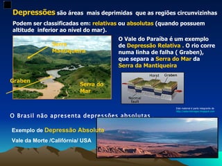 O Vale do Paraíba é um exemplo de  Depressão   Relativa .  O rio corre numa linha de falha ( Graben), que separa a  Serra do Mar  da  Serra da Mantiqueira   Depressões  são áreas  mais deprimidas  que as regiões circunvizinhas Podem ser classificadas em:  relativas  ou  absolutas  (quando possuem altitude  inferior ao nível do mar).  O Brasil não apresenta depressões absolutas  .  Exemplo de  Depressão Absoluta   Vale da Morte /Califórnia/ USA Graben Serra Mantiqueira Serra do Mar  Este material é parte integrante de  http://salacristinageo.blogspot.com 