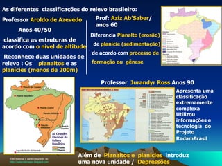As diferentes  classificações do relevo brasileiro:   Professor  Jurandyr Ross  Anos 90  Professor  Aroldo de Azevedo   Anos 40/50  classifica as estruturas de acordo com  o nível de   altitude Reconhece duas unidades de relevo : Os  planaltos  e as  planícies (menos de 200m) Diferencia  Planalto (erosão) de  planície (sedimentação) de acordo com  processo de formação ou  gênese Prof:  Aziz Ab’Saber / anos 60   Apresenta uma classificação extremamente complexa Utilizou informações e tecnologia  do Projeto RadamBrasil   Além de  Planaltos e  planícies   introduz uma nova unidade /  Depressões  Este material é parte integrante de  http://salacristinageo.blogspot.com 