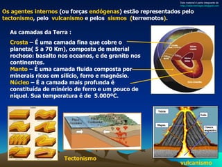 Os agentes internos  (ou forças  endógenas ) estão representados pelo  tectonismo , pelo  vulcanismo  e pelos  sismos  ( terremotos ) . vulcanismo Tectonismo  As camadas da Terra : Crosta  – É uma camada fina que cobre o planeta( 5 a 70 Km), composta de material rochoso: basalto nos oceanos, e de granito nos continentes.  Manto  – É uma camada fluida composta por minerais ricos em silício, ferro e magnésio.  Núcleo  – É a camada mais profunda é constituída de minério de ferro e um pouco de níquel. Sua temperatura é de  5.000ºC. Este material é parte integrante de  http://salacristinageo.blogspot.com 