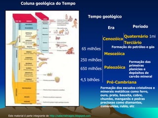 Coluna geológica do Tempo  Pré-Cambriana  4,5 bilhões  Cenozóica  Mesozóica  Paleozóica  650 milhões 250 milhões 65 milhões  Quaternário  1mi  Terciário Tempo geológico   Era   Período   Este material é parte integrante de  http://salacristinageo.blogspot.com Formação dos escudos cristalinos e minerais metálicos como ferro, ouro, prata, bauxita, cobre, chumbo, manganês e pedras preciosas como diamantes, esmeraldas, rubis, etc Formação das primeiras planícies e depósitos de carvão mineral   Formação do petróleo e gás  