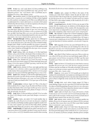 English For Reading


{134} to say (say, said, said) /dizer/ [1] I have nothing to say            the streets (Eu deveria ser mais cuidadoso ao atravessar as ruas)
(Eu não tenho nada a dizer) [2] When I say “one” you say “two”
(Quando eu disser “um” vocês dizem “dois”) [3] Please, say so-              {146} country /país, campo/ [1] What is the name of the
mething (Por favor, diga alguma coisa)                                      country you come from? (Qual o nome do país de onde você
{135} too /também, muito/ [1] I like her and I like you too (Eu             vem?) [2] I don’t like living in the city, I prefer living in the coun-
gosto dela e eu gosto de você também) [2] She is from England               try (Eu não gosto de viver na cidade, eu prefiro morar no campo)
too (Ela também é da Inglaterra) [3] This is too difficult for me           [3] The USA is the richest country in the world (Os EUA são o
to understand (Isto é muito difícil para eu entender) [4] I cannot          país mais rico do mundo)
afford to buy this new house, it is far too expensive (Eu não posso         {147} to part/part/parte, dividir/ [1] Give me my part of the
comprar esta casa nova, é muito cara)                                       money (Me dê a minha parte do dinheiro) [2] He played a big
{136} to last/last /durar, último/ [1] What was the last time               part in the independence of his country (Ele desempenhou uma
you came here? (Qual foi a última vez que você veio aqui?) [2]              parte importante na independência de seu país) [3] I will take no
The last will be the first (Os últimos serão os primeiros) [3] My           part in this conspiracy (Não tomarei parte nesta conspiração)
new car didn’t last long (Meu carro novo não durou muito) [4] I             {148} far /distante/ [1] How far is it from Campinas to Jagua-
loved her a lot, but our relationship lasted for only one year (Eu a        riúna (Qual a distância de Campinas a Jaguariúna?) [2] This is
amei muito, mas nossa relação durou apenas um ano)                          by far the stupidest answer I have ever heard (Esta é de longe a
{137} though/although /embora, apesar de/ [1] Although it                   resposta mais estúpida que já ouvi) [3] Keep walking, the school
was cold, he decided to stay out all day long (Embora estivesse             is not far from here (Continue andando, a escola não é longe da-
frio, ele decidiu ficar fora o dia todo) [2] I’ll try to finish it today,   qui)
though I don’t think it will be possible (Eu tentarei terminá-lo            {149} left /esquerda/ [1] Give me your left hand (Dê-me sua
hoje, embora eu não ache que seja possível) [3] He said he would            mão esquerda) [2] The house you are looking for is the one on
come, I don’t think he will though (Ele disse que viria, entretan-          the left (A casa que você está procurando é aquela à esquerda)
to eu não acho que conseguirá)                                              [3] Right in front of you, on your left (Bem a frente, à sua esquer-
{138} head /cabeça, líder, em direção a/ [1] My head hurts                  da)
(Minha cabeça dói) [2] He is the head of the revolution (Ele é o            {150} eye /olho/[1] Don’t believe your eyes (Não acredite em
cabeça da revolução) [3] The car is heading in the direction of             seus olhos) [2] No eye will ever see such beauty again (Olho al-
the railway (O carro está indo na direção da ferrovia)                      gum jamais verá tal beleza novamente) [3] She’s got the most
{139} away /fora, distante de/ [1] I won’t be away for long                 beautiful eyes I have ever seen (Ela tem os olhos mais bonitos
(Eu não ficarei fora muito tempo) [2] Throw the book away now               que já vi)
(Jogue o livro fora agora) [3] Don’t go away, wait for me (Não              {151} soon /em breve/ [1] I need you to come back as soon as
vá embora, espere por mim)                                                  possible (Eu preciso que você volte tão breve quanto possível)
{140} right /direito, direita/ [1] Now, turn right and then turn            [2] How soon do you think we’ll be able to be back? (Em quanto
left (Agora, vire a direita e então a esquerda) [2] It’s is not right       tempo você acha que seremos capazes de voltar?) [3] No, no, it’s
to take money from your parents (Não é direito (correto) pegar              too soon (Não, não, é muito cedo)
dinheiro de seus pais) [3] Do the right thing (Faça a coisa certa)          {152} to go (go, went, gone) /ir/ [1] I usually go to church on
{141} hand /mão, entregar/ [1] He lost his right hand in an ex-             sundays (Eu normalmente vou à igreja aos domingos) [2] I went
plosion (Ele perdeu sua mão direita em uma explosão) [2] Hand               there, but found nothing (Eu fui lá, mas não achei nada) [3] I have
him what you have (Entregue a ele o que você tem) [3] Do you                gone to Paris to fight the in the war (Eu fui a Paris para lutar na
want me to lend you a hand in this? (Você quer que eu lhe dê uma            guerra)
mão nisto?)                                                                 {153} to take (take, took, taken) /tomar, pegar/ [1] Take a
{142} to place/place /colocar, lugar/ [1] This is the place I               sweet darling (Pegue um doce querida) [2] It took me more than
told you about (Este é o lugar de que lhe falei) [2] There is no bet-       five days to finish the painting (Eu gastei mais de cinco dias para
ter place than home (Não existe lugar melhor qe nossa casa) [3]             terminar a pintura) [3] I have taken the shortest route to London
Place the book beside the television, please (Coloque o livro ao            (Eu peguei a rota mais curta para Londres)
lado da televisão, por favor)                                               {154} each /cada/ [1] Each one of you will receive a book
{143} God /Deus/ [1] Do you believe in God? (Você acredita                  (Cada um de vocês irá receber um livro) [2] Each envelope con-
em Deus?) [2] Always revere your God (Sempre reverencie o                   tains a gift (Cada envelope contém um presente) [3] Each one of
seu Deus)                                                                   them has been cured (Cada um deles foi curado)
{144} another /outro, um outro/ [1] I need another day to                   {155} just /apenas, justo, correto/ [1] I need just another ten
complete my work (Eu preciso de mais um dia para completar                  dollars (Eu preciso de apenas mais dez dólares) [2] It is not just
meu trabalho) [2] Perhaps another opinion might be useful (Tal-             to say that (Não é justo dizer isto) [3] This is just what I needed
vez uma outra opinião seja útil) [3] Not today please, perhaps              (Isto é exatamente o que eu precisava)
some other time (Hoje não, por favor, talvez alguma outra hora)             {156} power /poder, força/ [1] I don’t have the power to let
{145} shall/should [1] I shall/will see what I can do (Eu verei             you go (Eu não tenho o poder para deixá-lo ir) [2] The USA is
o que posso fazer) [2] I wouldn’t do that if I were you (Eu não fa-         the most powerful nation in the world (Os EUA é o país mais po-
ria isto se fosse você) [3] I should be more careful when crossing          deroso do mundo) [3] Power corrupts, absolute power corrupts


10                                                                                                              © Rubens Queiroz de Almeida
                                                                                                                       queiroz@unicamp.br
 