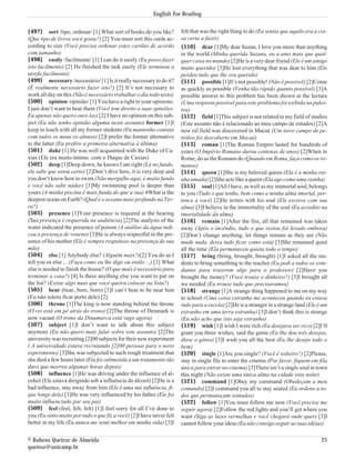 English For Reading


{497} sort /tipo, ordenar/ [1] What sort of books do you like?        felt that was the right thing to do (Eu sentia que aquilo era a coi-
(Que tipo de livros você gosta?) [2] You must sort this cards ac-     sa certa a fazer)
cording to size (Você precisa ordenar estes cartões de acordo         {510} dear [1]My dear Suzan, I love you more than anything
com tamanho)                                                          in the world (Minha querida Suzana, eu a amo mais que qual-
{498} easily /facilmente/ [1] I can do it easily (Eu posso fazer      quer coisa no mundo) [2]He is a very dear friend (Ele é um amigo
isto facilmente) [2] He finished the task easily (Ele terminou a      muito querido) [3]He lost everything that was dear to him (Ele
tarefa facilmente)                                                    perdeu tudo que lhe era querido)
{499} necessary /necessário/ [1] Is it really necessary to do it?     {511} possible [1]It’s not possible! (Não é possível) [2]Come
(É realmente necessário fazer isto?) [2] It’s not necessary to        as quickly as possible (Venha tão rápido quanto possível) [3]A
work all day on this (Não é necessário trabalhar o dia todo nisto)    possible answer to this problem has been shown at the lecture
{500} opinion /opinião/ [1] You have a right to your opinions.        (Uma resposta possível para este problema foi exibida na pales-
I just don’t want to hear them (Você tem direito a suas opiniões.     tra)
Eu apenas não quero ouvi-las) [2] I have no opinion on this sub-      {512} field [1]This subject is not related to my field of studies
ject (Eu não tenho opinião alguma neste assunto) former [1]I          (Este assunto não é relacionado ao meu campo de estudos) [2]A
keep in touch with all my former students (Eu mantenho contato        new oil field was discovered in Macaé (Um novo campo de pe-
com todos os meus ex-alunos) [2]I prefer the former alternative       tróleo foi descoberto em Macaé)
to the latter (Eu prefiro a primeira alternativa à última)            {513} roman [1]The Roman Empire lasted for hundreds of
{501} duke [1] He was well acquainted with the Duke of Ca-            years (O Império Romano durou centenas de anos) [2]When in
xias (Ele era muito íntimo com o Duque de Caxias)                     Rome, do as the Romans do (Quando em Roma, faça como os ro-
{502} deep [1]Deep down, he knows I am right (Lá no fundo,            manos)
ele sabe que estou certo) [2]Don’t dive here, it is very deep and     {514} queen [1]She is my beloved queen (Ela é a minha rai-
you don’t know how to swim (Não mergulhe aqui, é muito fundo          nha amada) [2]She acts like a queen (Ela age como uma rainha)
e você não sabe nadar) [3]My swimming pool is deeper than             {515} soul [1]All I have, as well as my immortal soul, belongs
yours (A minha piscina é mais funda do que a sua) 4What is the        to you (Tudo o que tenho, bem como a minha alma imortal, per-
deepest ocean on Earth? (Qual é o oceano mais profundo na Ter-        tence a você) [2]He writes with his soul (Ele escreve com sua
ra?)                                                                  alma) [3]I believe in the immortality of the soul (Eu acredito na
{503} presence [1]Your presence is required at the hearing            imortalidade da alma)
(Sua presença é requerida na audiência) [2]The analysis of the        {516} remain [1]After the fire, all that remained was taken
water indicated the presence of poison (A análise da água indi-       away (Após o incêndio, tudo o que restou foi levado embora)
cou a presença de veneno) [3]He is always respectful in the pre-      [2]Don’t change anything, let things remain as they are (Não
sence of his mother (Ele é sempre respeitoso na presença de sua       mude nada, deixa tudo ficar como está) [3]She remained quiet
mãe)                                                                  all the time (Ela permaneceu quieta todo o tempo)
{504} else [1] Anybody else? (Alguém mais?)[2] You do as I            {517} bring (bring, brought, brought) [1]I asked all the stu-
tell you or else ... (Faça como eu lhe digo ou então ...) [3] What    dents to bring something to the teacher (Eu pedi a todos os estu-
else is needed to finish the house? (O que mais é necessário para     dantes para trazerem algo para o professor) [2]Have you
terminar a casa?) [4] Is there anything else you want to put on       brought the money? (Você trouxe o dinheiro?) [3]I brought all
the list? (Existe algo mais que você queira colocar na lista?)        we needed (Eu trouxe tudo que precisavamos)
{505} bear (bear, bore, born) [1]I can’t bear to be near him          {518} strange [1]A strange thing happened to me on my way
(Eu não tolero ficar perto dele) [2]                                  to school (Uma coisa estranha me aconteceu quando eu estava
{506} throne [1]The king is now standing behind the throne            indo para a escola) [2]He is a stranger in a strange land (Ele é um
(O rei está em pé atrás do trono) [2]The throne of Denmark is         estranho em uma terra estranha) [3]I don’t think this is strange
now vacant (O trono da Dinamarca está vago agora)                     (Eu não acho que isto seja estranho)
{507} subject [1]I don’t want to talk about this subject              {519} wish [1]I wish I were rich (Eu desejava ser rico) [2]I’ll
anymore (Eu não quero mais falar sobre este assunto) [2]The           grant you three wishes, said the genie (Eu lhe dou três desejos,
university was recruiting [2]00 subjects for their new experiment     disse o gênio) [3]I wish you all the best (Eu lhe desejo todo o
( A universidade estava recrutando [2]00 pessoas para o novo          bem)
experimento) [3]She was subjected to such rough treatment that        {520} single [1]Are you single? (Você é solteiro?) [2]Please,
she died a few hours later (Ela foi submetida a um tratamento tão     stay in single file to enter the cinema (Por favor, fiquem em fila
duro que morreu algumas horas depois)                                 única para entrar no cinema) [3]There isn’t a single soul in town
{508} influence [1]He was driving under the influence of al-          this night (Não existe uma única alma na cidade esta noite)
cohol (Ele estava dirigindo sob a influência do álcool) [2]He is a    {521} command [1]Obey my command (Obedeçam a meu
bad influence, stay away from him (Ele é uma má influência, fi-       comando) [2]I command you all to stay seated (Eu ordeno a to-
que longe dele) [3]He was very influenced by his father (Ele foi      dos que permaneçam sentados)
muito influenciado por seu pai)                                       {522} follow [1]You must follow me now (Você precisa me
{509} feel (feel, felt, felt) [1]I feel sorry for all I’ve done to    seguir agora) [2]Follow the red lights and you’ll get where you
you (Eu sinto muito por tudo o que fiz a você) [2]I have never felt   want (Siga as luzes vermelhas e você chegará onde quer) [3]I
better in my life (Eu nunca me senti melhor em minha vida) [3]I       cannot follow your ideas (Eu não consigo seguir as suas idéias)

© Rubens Queiroz de Almeida                                                                                                            25
queiroz@unicamp.br
 