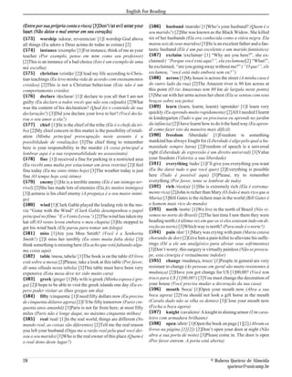English For Reading


(Entre por sua própria conta e risco) [3]Don’t let evil enter your     {586} husband /marido/ [1]Who’s your husband? (Quem é o
heart (Não deixe o mal entrar em seu coração)                          seu marido?) [2]She was known as the Black Widow. She killed
{573} worship /adorar, reverenciar/ [1]I worship God above             six of her husbands (Ela era conhecida como a viúva negra. Ela
all things (Eu adoro a Deus acima de todas as coisas) [2]              matou seis de seus maridos) [3]He is an excelent father and a fan-
{574} instance /exemplo/ [1]For instance, think of me as your          tastic husband (Ele é um pai excelente e um marido fantástico)
teacher (Por exemplo, pense em mim como seu professor)                 {587} exclaim /exclamar/ [1] “Why are you here?”, she ex-
[2]This is an instance of a bad choice (Isto é um exemplo de uma       claimed ( “Porque você está aqui?”, ela exclamou)[2] “What!”,
má escolha)                                                            he exclaimed, “are you going away without me?” ( “O que!”, ele
{575} christian /cristão/ [2]I lead my life according to Chris-        exclamou, “você está indo embora sem eu?”)
tian teachings (Eu levo minha vida de acordo com ensinamentos          {588} across [1]My house is across the street (A minha casa é
cristãos) [2]This is not a Christian behaviour (Este não é um          do outro lado da rua) [2]The Amazon river is 80 km across at
comportamento cristão)                                                 this point (O rio Amazonas tem 80 km de largula neste ponto)
{576} declare /declarar/ [1]I declare to you all that I am not         [3]She sat with her arms across her chest (Ela se sentou com seus
guilty (Eu declaro a todos vocês que não sou culpado) [2]What          braços sobre seu peito)
was the content of his declaration? (Qual foi o conteúdo de sua        {589} learn (learn, learnt, learnt) /aprender/ [1]I learn very
declaração?) [3]Did you declare your love to her? (Você decla-         quickly (Eu aprendo muito rapidamente) [2]All I needed I learnt
rou o seu amor a ela?)                                                 in kindergarten (Tudo o que eu precisava eu aprendi no jardim
{577} chief [1]He is the chief of the tribe (Ele é o chefe da tri-     da infância) [2]I have learnt how to do it the hard way (Eu apren-
bo) [2]My chief concern in this matter is the possibility of retali-   di como fazer isto da maneira mais difícil)
ation (Minha principal preocupação neste assunto é a                   {590} freedom /liberdade/ [1]Freedom is something
possibilidade de retaliação) [3]The chief thing to remember            mankind has always fought for (Liberdade é algo pelo qual a hu-
here is your responsibility in the murder (A coisa principal a         manidade sempre lutou) [2]Freedom of speech is a universal
lembrar aqui é a sua responsabilidade no assassinato)                  right (Liberdade de expressão é um direito universal) [3]Value
{578} fine [1]I received a fine for parking in a restricted area       your freedom (Valorize a sua liberdade)
(Eu recebi uma multa por estacionar em área restrita) [2]I feel        {591} everything /tudo/ [1]I’ll give you everything you want
fine today (Eu me sinto ótimo hoje) [3]The weather today is just       (Eu lhe darei tudo o que você quer) [2]Everything is possible
fine (O tempo hoje está ótimo)                                         here (Tudo é possível aqui) [3]Please, try to remember
{579} enemy [1]He is a terrible enemy (Ele é um inimigo ter-           everything (Por favor, tente se lembrar de tudo)
rível) [2]She has made lots of enemies (Ela fez muitos inimigos)       {592} rich /rico(a)/ [1]She is extremely rich (Ela é extrema-
[3]Laziness is his chief enemy (A preguiça é o seu maior inimi-        mente rica) [2]John is richer than Mary (O João é mais rico que a
go)                                                                    Maria) [3]Bill Gates is the richest man in the world (Bill Gates é
{580} wind [1]Clark Gable played the leading role in the mo-           o homem mais rico do mundo)
vie “Gone with the Wind” (Clark Gable desempenhou o papel              {593} north /norte/ [1]We live in the north of Brazil (Nós vi-
principal no filme “E o Vento Levou”) [2]The wind has taken my         vemos no norte do Brasil) [2]The last time I saw them they were
hat off (O vento levou embora o meu chapéu) [3]He stopped to           heading north (A última vez em que os vi eles estavam indo em di-
get his wind back (Ele parou para tomar um folego)                     reção ao norte) [3]Which way is north? (Para onde é o norte?)
{581} miss [1]Are you Miss Smith? (Você é a Senhorita                  {594} pain /dor/ [1]Mary was crying with pain (Maria estava
Smith?) [2]I miss her terribly (Eu sinto muita falta dela) [3]I        chorando de dor) [2]Give him a pain-killer to alleviate his suffe-
think something is missing here (Eu acho que está faltando algu-       rings (Dê a ele um analgésico para aliviar seus sofrimentos)
ma coisa aqui)                                                         [3]Don’t worry, this surgery is virtually painless (Não se preocu-
{582} table /mesa, tabela/ [1]The book is on the table (O livro        pe, esta cirurgia é virtualmente indolor)
está sobre a mesa) [2]Please, take a look at this table (Por favor,    {595} change /mudança, troco/ [1]People in general are very
dê uma olhada nesta tabela) [3]This table must have been very          resistant to change (As pessoas em geral são muito resistentes à
expensive (Esta mesa deve ter sido muito cara)                         mudança) [2]Have you got change for U$ [1]00,00? (Você tem
{583} greek /grego/ [1]My wife is greek (Minha esposa é gre-           troco para U$ [1]00,00?) [3]You must change the decoration of
ga) [2]I hope to be able to visit the greek islands one day (Eu es-    your house (Você precisa mudar a decoração da sua casa)
pero poder visitar as ilhas gregas um dia)                             {596} mouth /boca/ [1]Open your mouth now (Abra a sua
{584} fifty /cinquenta/ [1]I need fifty dollars now (Eu preciso        boca agora) [2]You should not look a gift horse in the mouth
de cinquenta dólares agora) [2]I’ll be fifty tomorrow (Farei cin-      (Cavalo dado não se olha os dentes) [3]Close your mouth now
quenta anos amanhã) [3]Paris is not far from here, at most fifty       (Fecha a boca agora)
miles (Paris não é longe daqui, no máximo cinquenta milhas)            {597} knight /cavaleiro/ A knight in shining armor (Um cava-
{585} real /real/ [1]In the real world, things are different (No       leiro com armadura brilhante)
mundo real, as coisas são diferentes) [2]Tell me the real reason       {598} open /abrir/ [1]Open the book on page [1][2] (Abram os
you left your husband (Diga-me a razão real pela qual você dei-        livros na página [1][2]) [2]Don’t open your door at night (Não
xou o seu marido) [3]Who is the real owner of this place (Quem é       abra a sua porta de noite) [3]Please come in. The door is open
o real dono deste lugar?)                                              (Por favor entrem. A porta está aberta)



28                                                                                                      © Rubens Queiroz de Almeida
                                                                                                               queiroz@unicamp.br
 